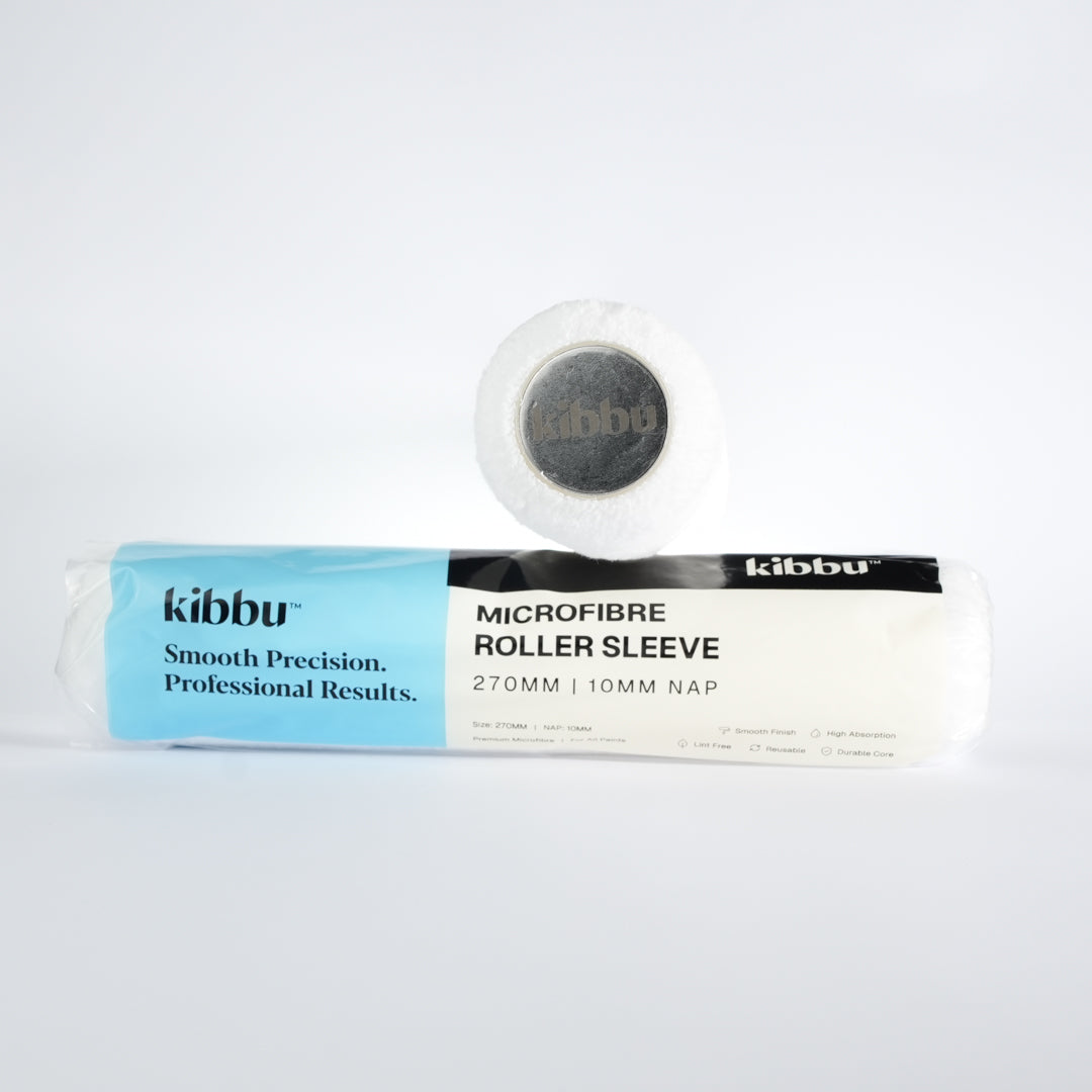 Kibbu 270mm microfibre roller sleeve – packaging front with roller end facing forward on white background