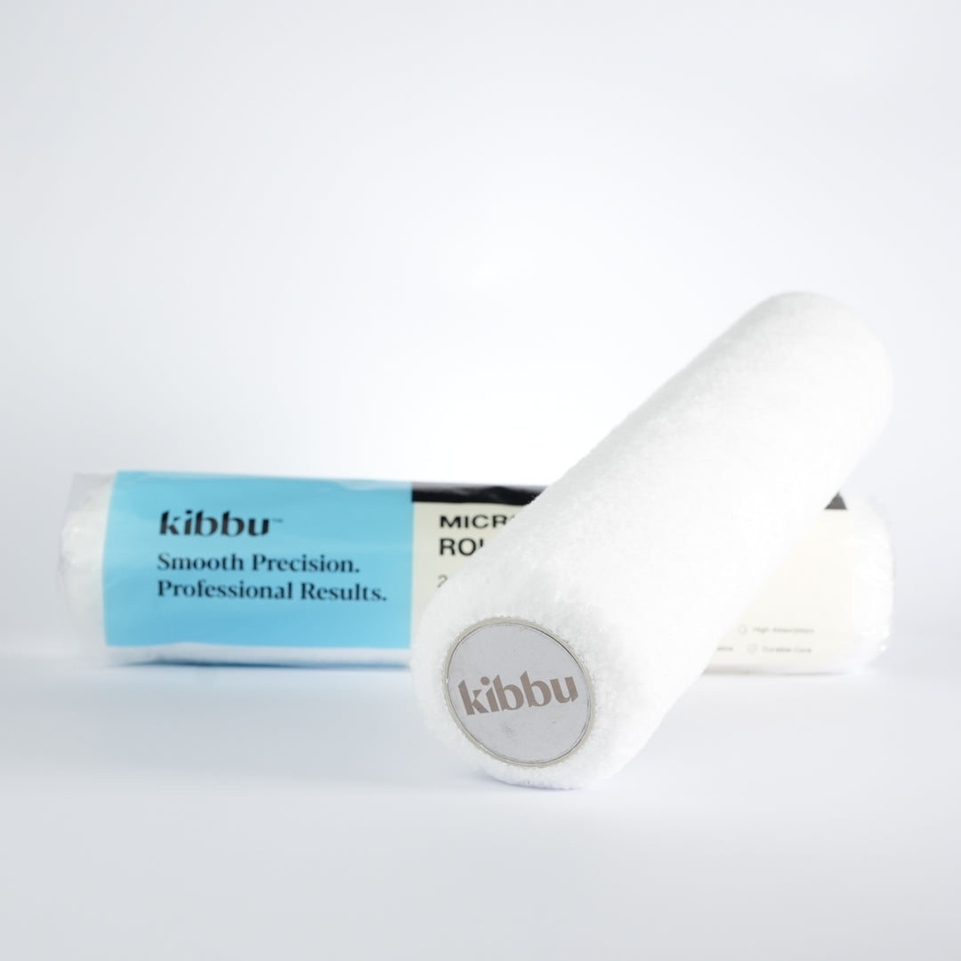 Kibbu 270mm microfibre roller sleeve – angled roller with visible Kibbu logo and packaging in background