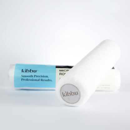 Kibbu 270mm microfibre roller sleeve – angled roller with visible Kibbu logo and packaging in background